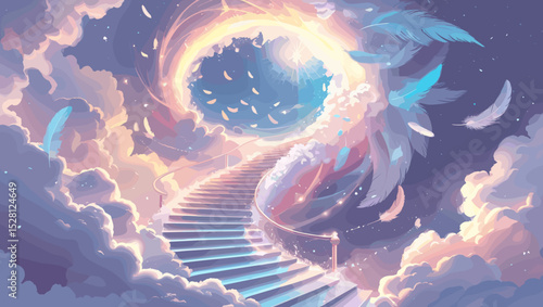 Magical staircase leading to a bright sky with feathers and clouds in a dreamlike scene