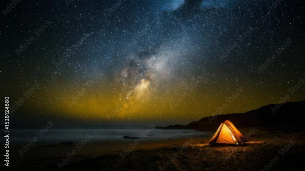 A glowing tent sits on a beach beneath a brilliant, star-filled night sky and the Milky Way. A glowing tent sits on a beach beneath a brilliant, star-filled night sky and the Milky Way.