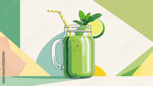 Refreshing green smoothie in a jar with a straw, mint, and lime slice on a geometric background