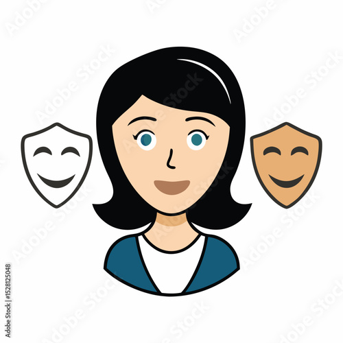 Simplified woman's face with dramatic theater masks, representing drama, emotion, and performance art in a creative, modern style.