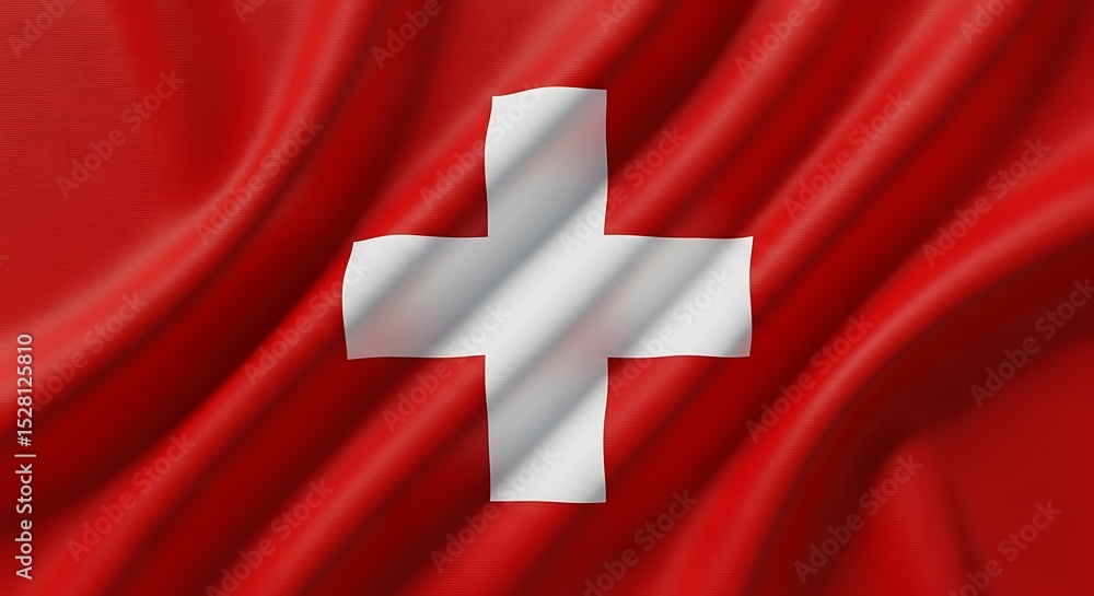 Rippled Swiss flag, displaying a white cross on a red background. Rippled Swiss flag, displaying a white cross on a red background.