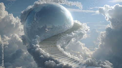 Concept photo of a swirling spiral staircase, seemingly made of clouds and mist, leading up to a glistening dome of light. Encircled by angels, the dome represents the eternal love
