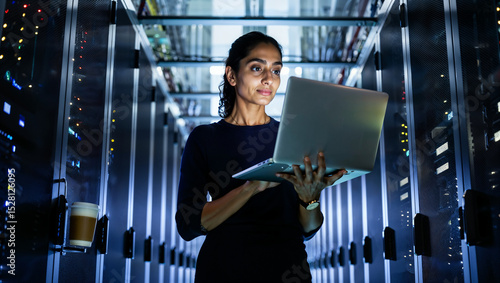 Indian DevOps engineer reviews code with laptop among glowing FPGA server racks; LED light and coffee steam set cyber-noir mood, 5000 px