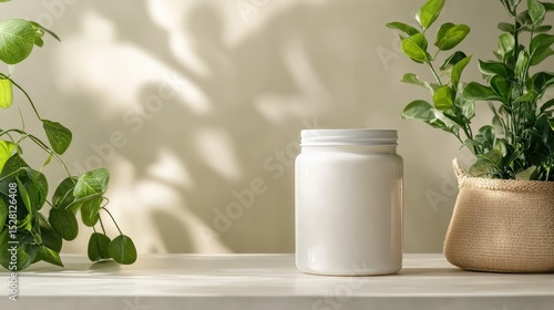 Wallpaper Mural A simple, white jar sits elegantly on a table next to lush green plants, embodying minimalism and harmony in design, perfect for concepts of home decor and tranquility. Torontodigital.ca