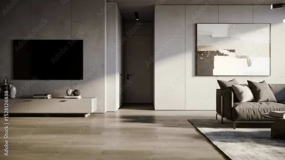 Modern apartment interior design showcasing minimalist architecture sunlight illuminating a spacious living room with a gray sofa artwork and hardwood floors Modern apartment interior design showcasing minimalist architecture sunlight illuminating a spacious living room with a gray sofa artwork and hardwood floors