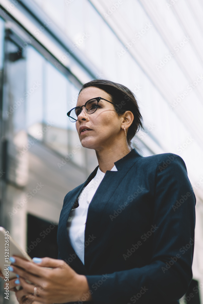 Concentrated businesswoman walking with tablet in street Concentrated businesswoman walking with tablet in street
