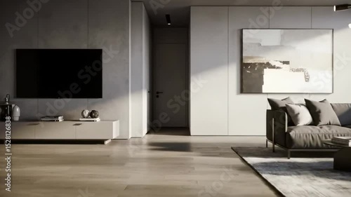 Modern apartment interior design showcasing minimalist architecture sunlight illuminating a spacious living room with a gray sofa artwork and hardwood floors