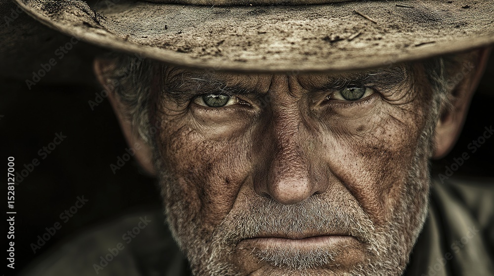 Close-up of a farmer's weathered face, with the texture of the land visible in the background. Close-up of a farmer's weathered face, with the texture of the land visible in the background.
