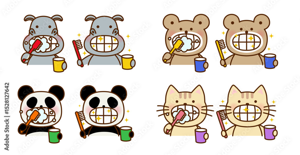 Obraz premium 歯みがきをする動物たちのかわいいイラストセット