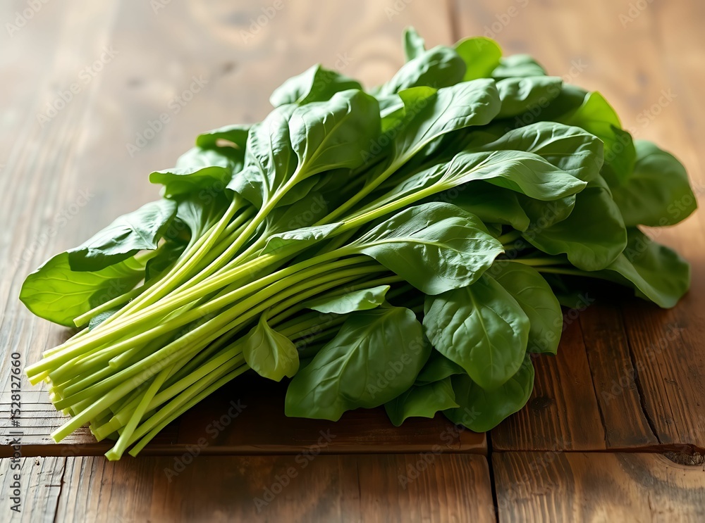 Fresh Spinach Delight: Crisp bunch of green spinach atop a rustic wooden table. Freshness and healthy eating on a plate. Fresh Spinach Delight: Crisp bunch of green spinach atop a rustic wooden table. Freshness and healthy eating on a plate.
