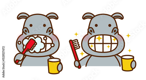 歯みがきをするかわいいカバのイラスト