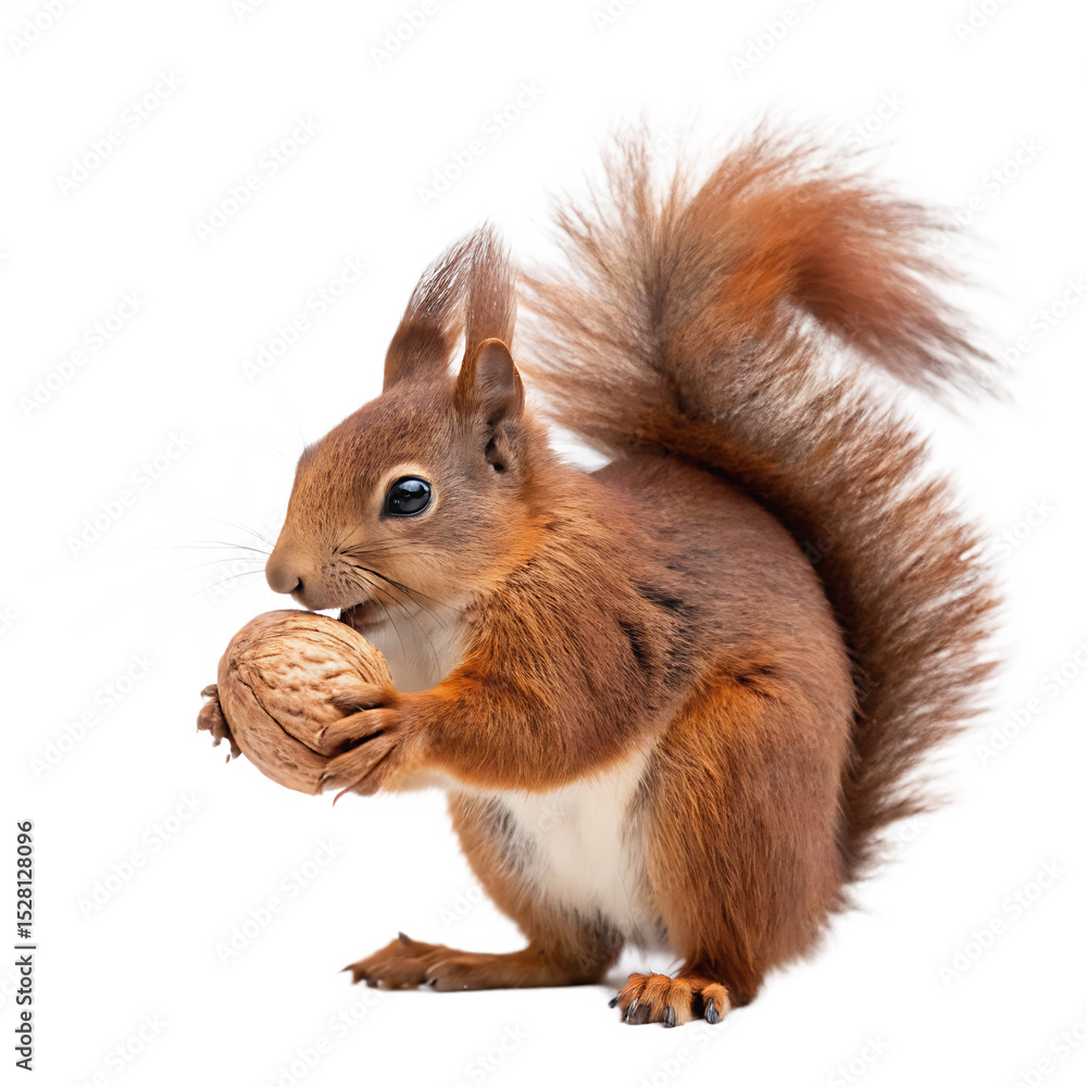 Obraz premium A cute red squirrel holding a large nut isolated on a transparent background