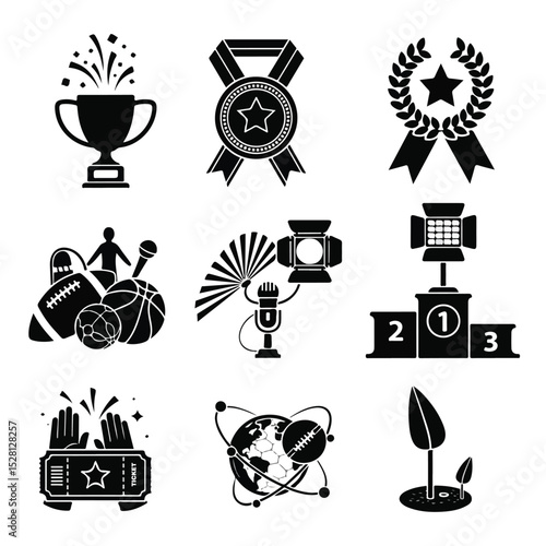 Nine black and white icons representing various aspects of sports and awards, including trophies, medals, sports equipment, a podium, tickets, and a global sporting event.
