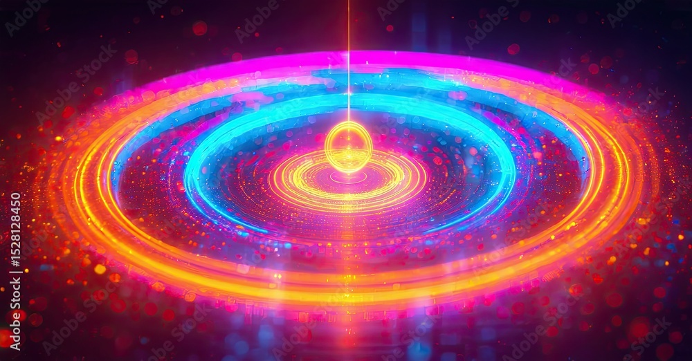 Obraz premium Bright concentric rings radiate from central sphere. Vivid colors create dynamic, futuristic visual effect. Intense light, energy.