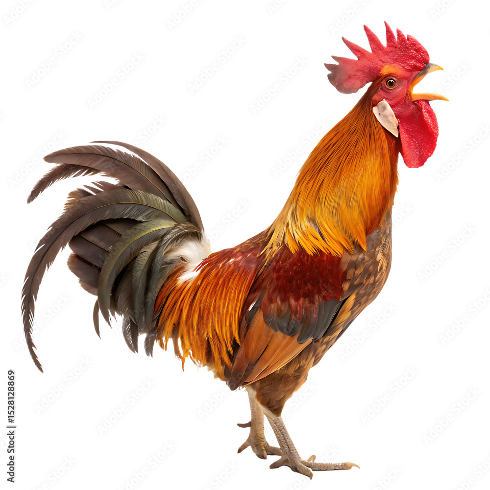 Fototapeta premium A colorful rooster crowing loudly in the morning isolated on a transparent background