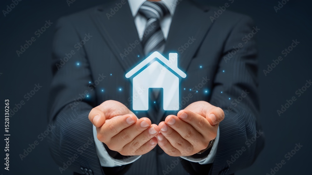 Businessman Holding Glowing House Icon Representing Real Estate Investment Property Management Home Care Insurance Support And Value Businessman Holding Glowing House Icon Representing Real Estate Investment Property Management Home Care Insurance Support And Value
