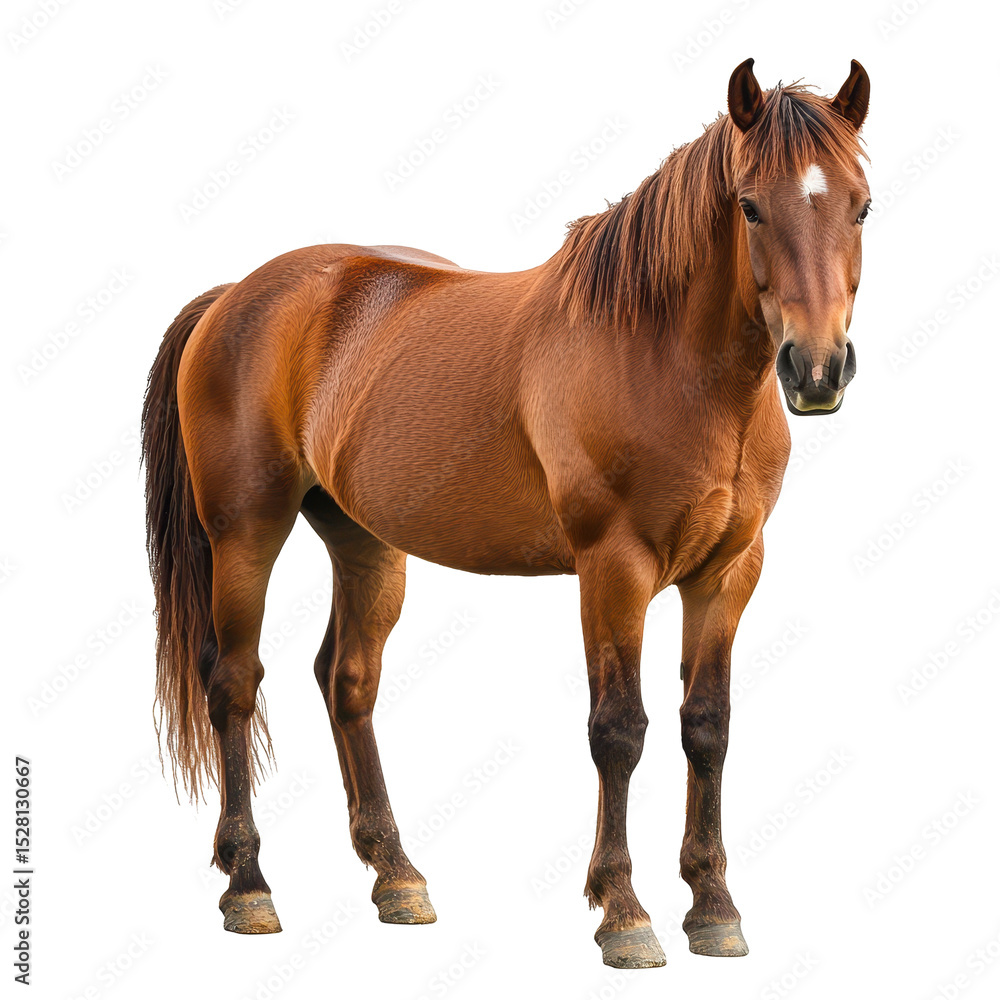 Obraz premium Brown horse standing confidently in a studio setting with a clean white background in bright lighting