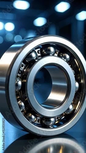 Close up of a shiny steel ball bearing shows smooth surfaces and reflective steel balls in a blue lit industrial setting.
