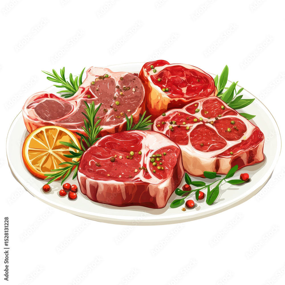 Colorful display of raw meat cuts on a white plate with garnish and citrus slices ready for cooking or grilling Colorful display of raw meat cuts on a white plate with garnish and citrus slices ready for cooking or grilling