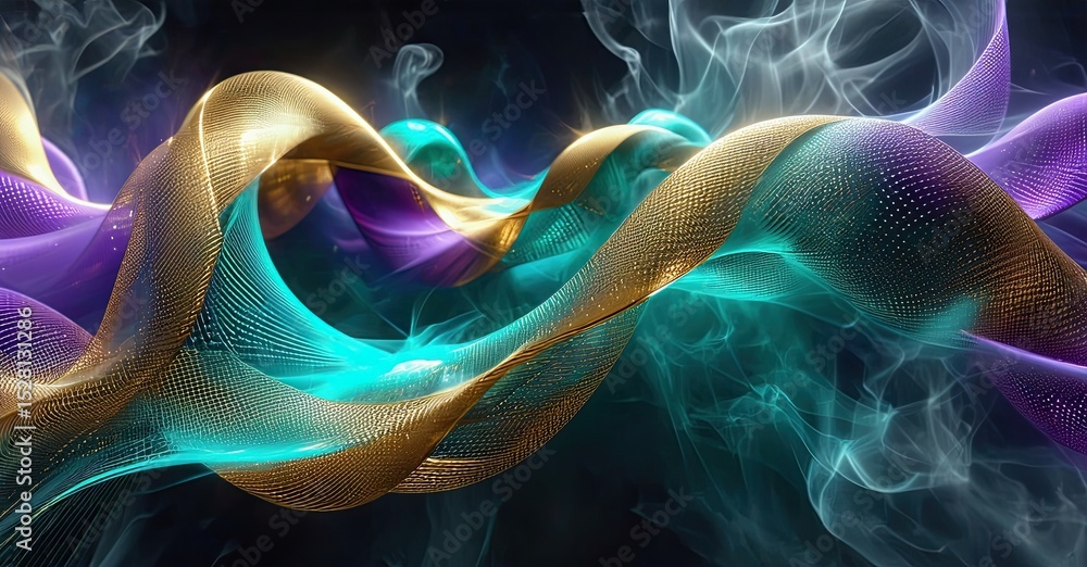 Fototapeta premium Abstract flowing ribbons, gold, teal, purple. Dramatic lighting creates dynamic energy, smoke effects enhance visual depth.