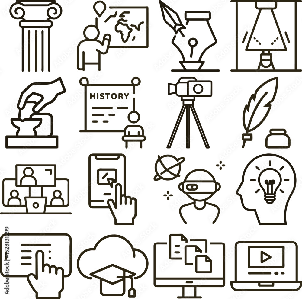 Fototapeta premium Educational and Technological Icons History, Learning, Communication, Media, Virtual Reality, and Creative Thinking Outline Style