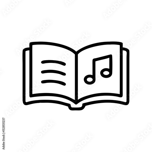 Open book with music note. Simple book icon design with musical notation inside.  Elegant book and music note illustration perfect for music school brochure, website, or app icon.