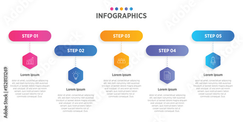 Modern Horizontal progress bar featuring 5 shaped elements, symbolizing the five stages of business strategy and progression. Clean timeline infographic design template. Vector for presentation