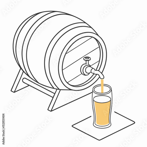 Beer barrel pouring drink into glass on serving tray  