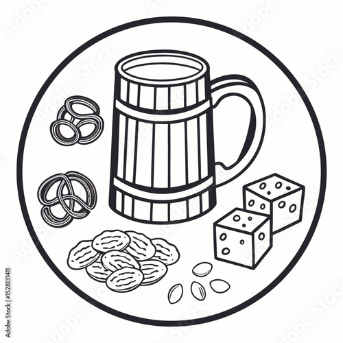 Beer mug with snacks, dice, and nuts in casual style  