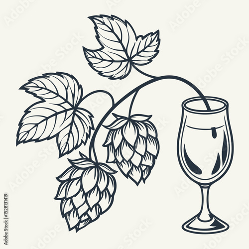 Hops plant illustration with leaves and glass in minimalist style  
