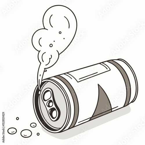 Cartoon soda can spilling contents with bubbles and steam  