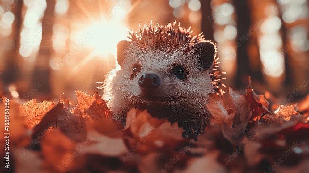 Obraz premium A cute hedgehog peeks through colorful autumn leaves bathed in golden sunset light, capturing the essence of nature's beauty and tranquility in fall's embrace.