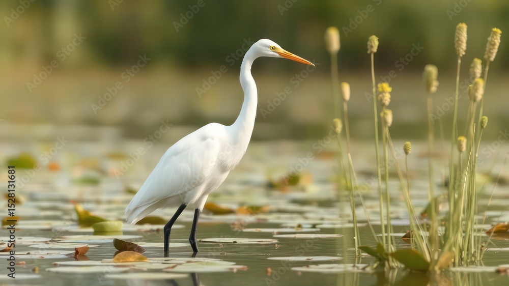 Naklejka premium Elegant white bird with yellow beak is wading in a calm wetland filled with floating green lily pads and tall grasses