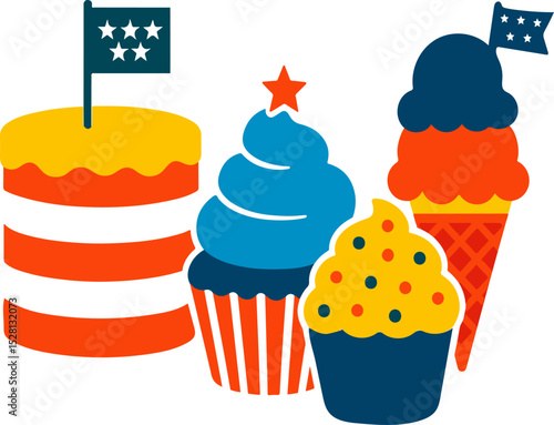 Set of ice cream cones, cupcakes, and chocolate cake illustrations for a sweet birthday and patriotic party celebration