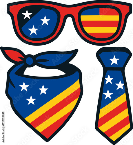   American  patriotic bandana eyeglass and necktie stars and stripes Set