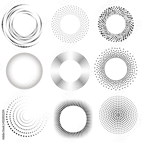 Set of half one circular dotted frames and rotating dot shapes.Abstract round vector elements with geometric half one effect__ideal for logos,background,vector and illustration.