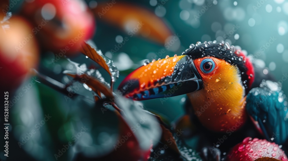Obraz premium A colorful toucan perched amidst lush foliage, its vivid hues illuminated by droplets of rain, showcasing the vibrancy and charm of tropical wildlife in their habitat.
