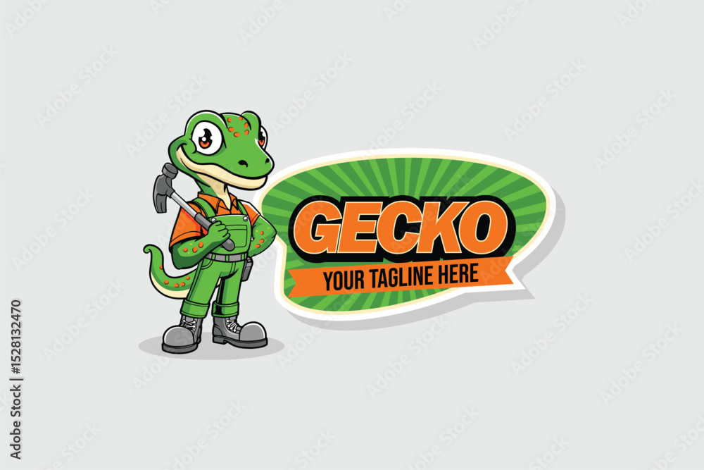 Obraz premium Gecko with hammer cartoon character design mascot vector image template