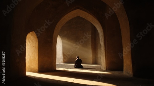 Soft sunlight streaming through tall arches, casting a gentle glow over a person in prayer, whose face is calm and tranquil in the sacred silence.