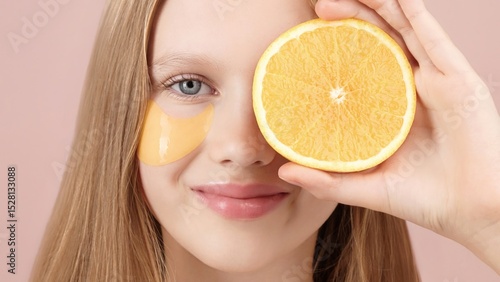 Happy cute young girl with eye patch on studio pink background. Orange. Cute portrait of blonde girl gen Alpha smiling looking at the camera. Concept of cosmetics advertisement for teenagers. Skincare
