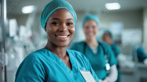 This inspiring image portrays a confident healthcare worker smiling warmly, symbolizing dedication, compassion, and professionalism in the healthcare sector.
