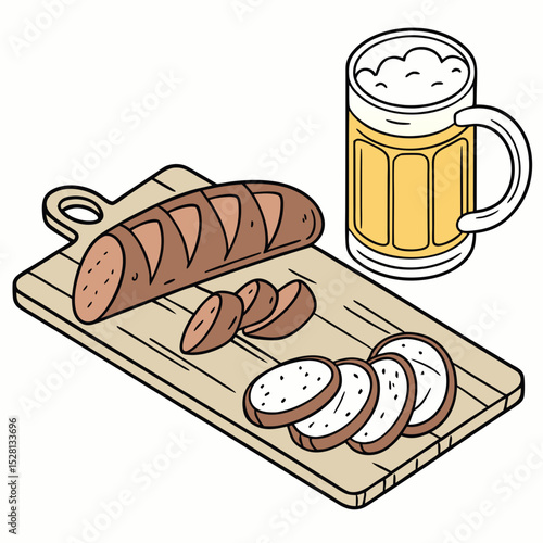 Brown bread slices and beer mug on wooden cutting board  