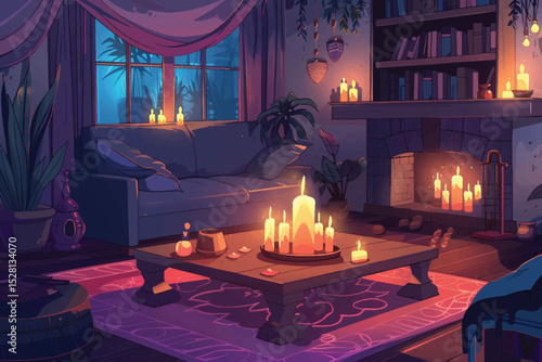 Night cozy interior illuminated by burning fireplace and moonlight through curtained window. Dark empty living room with tea pot and cups on table, soft armchairs and bookcase, vase with plants.