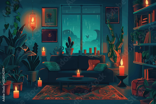 Night cozy interior illuminated by burning fireplace and moonlight through curtained window. Dark empty living room with tea pot and cups on table, soft armchairs and bookcase, vase with plants.