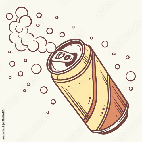 Cartoon soda can with bubbles and steam rising in a playful style  