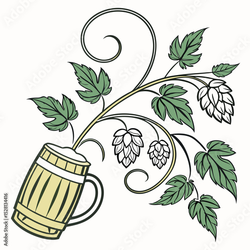 Vintage beer mug with hop vine and green leaves design  