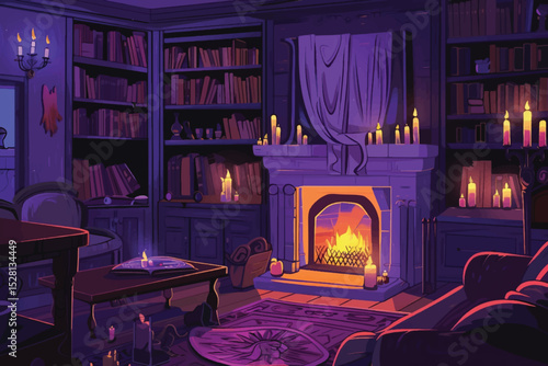 Night cozy interior illuminated by burning fireplace and moonlight through curtained window. Dark empty living room with tea pot and cups on table, soft armchairs and bookcase, vase with plants.