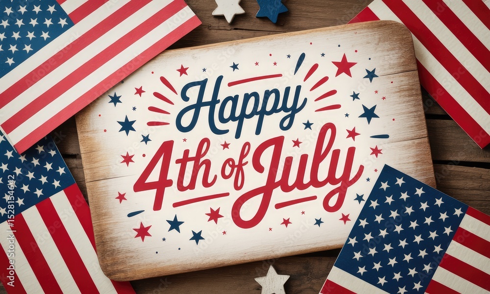 Fototapeta premium Happy 4th of july rustic wooden sign with flags and stars