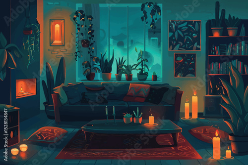 Night cozy interior illuminated by burning fireplace and moonlight through curtained window. Dark empty living room with tea pot and cups on table, soft armchairs and bookcase, vase with plants.