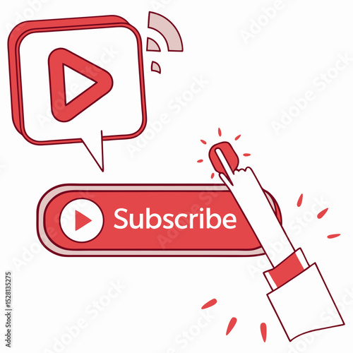 Play button icon with hand clicking subscribe button in red  